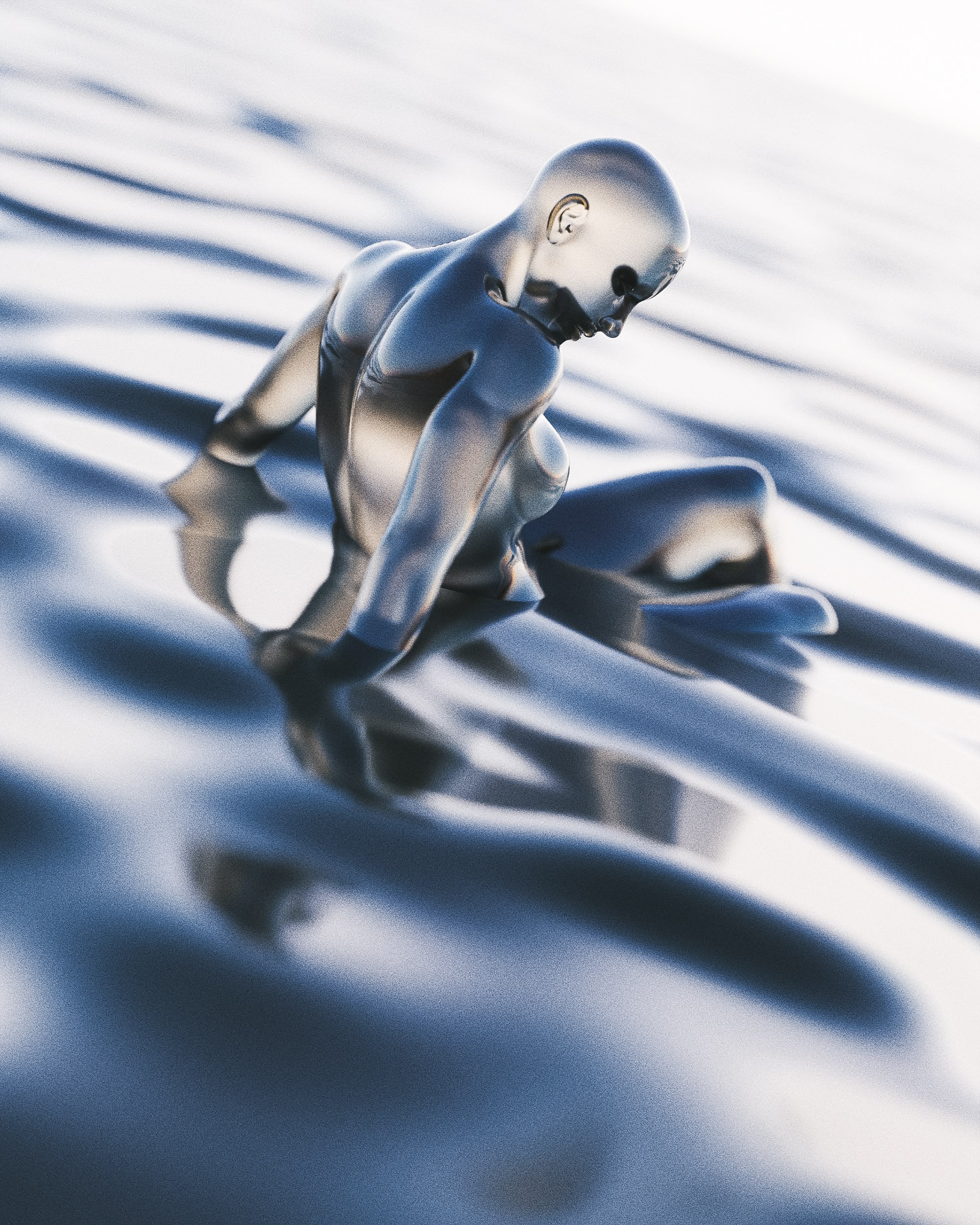 Humanoid figure with translucent skin resting on a submerged floor, heavy reflections on the watery liquid