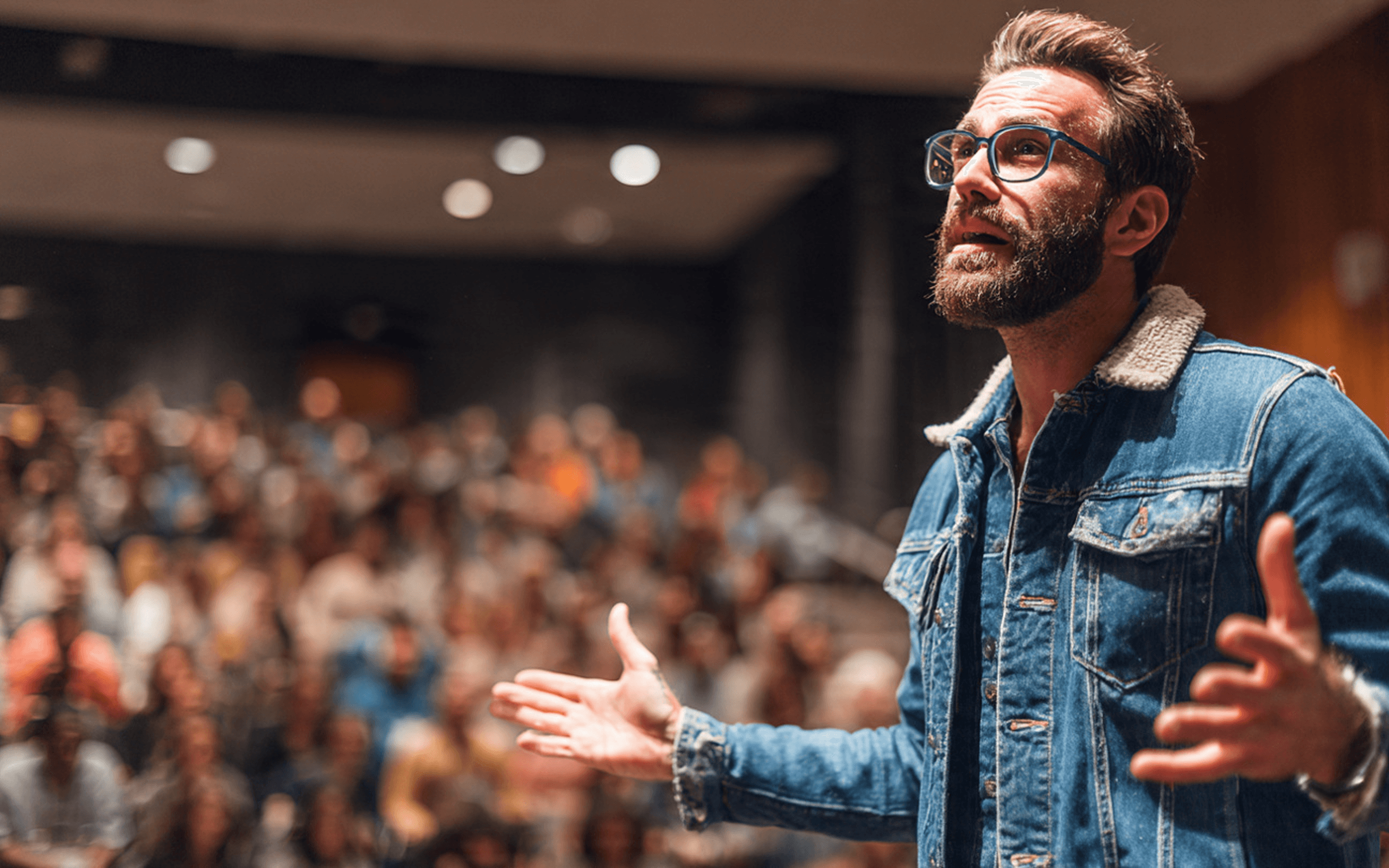 Audience seated in a large, modern venue with green plant walls for a conference.