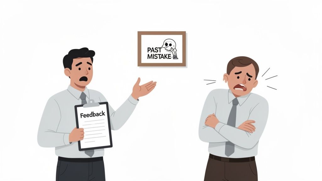A man with a feedback clipboard addresses a distressed colleague, while a 'Past Mistake' sign hangs above.