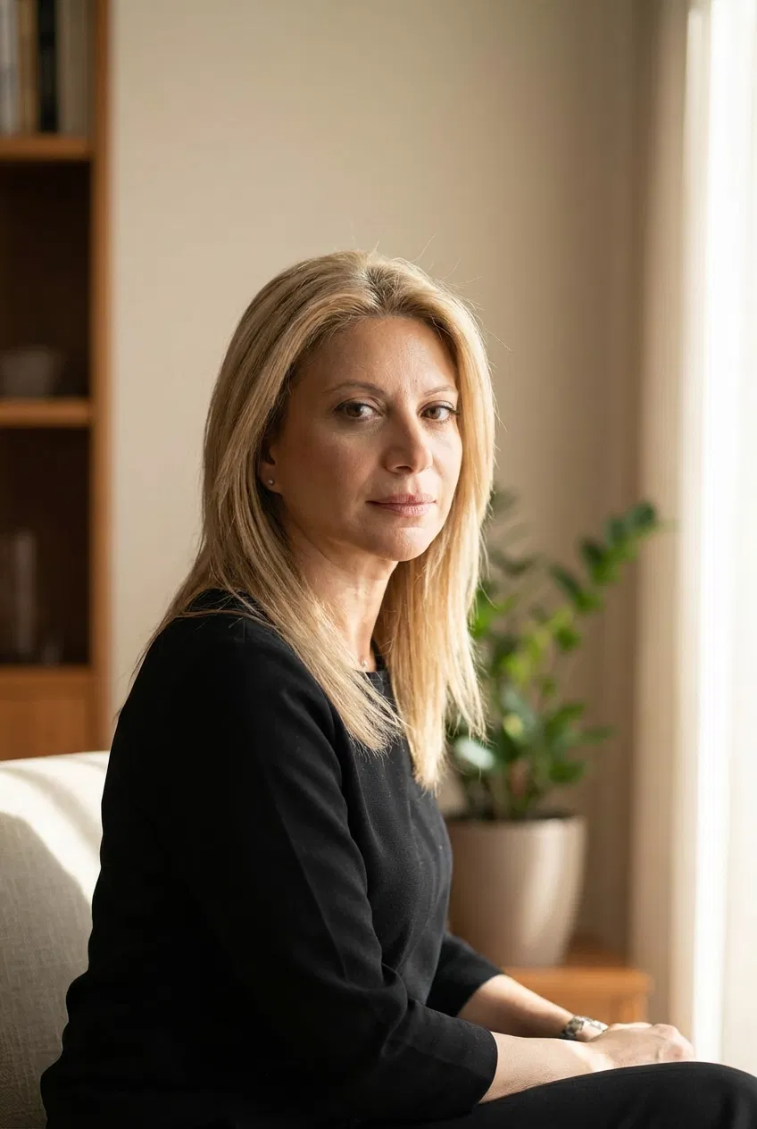 Portrait of Maria Karystianou in a neutral setting