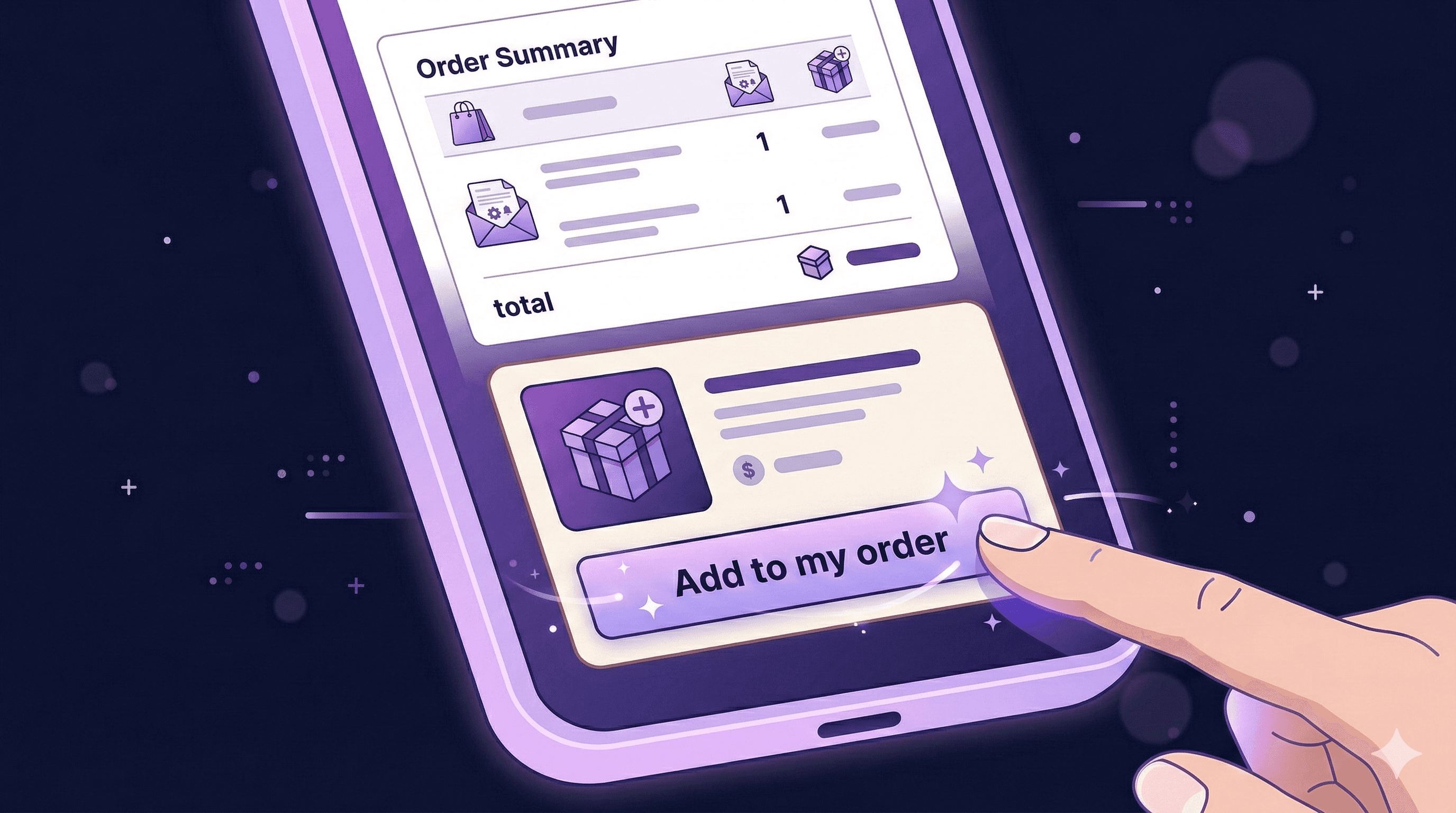 A split illustration. LEFT: A traditional checkout flow shown as three separate screens stacked (cart → checkout → payment) looking complex. RIGHT: A single screen showing an order with a product being added seamlessly, with a green checkmark and a 'Done' indicator. An arrow bridges the two sides, showing simplification. Purple-to-blue gradient background. Clean isometric style with soft shadows. No text. 16:9 aspect ratio.