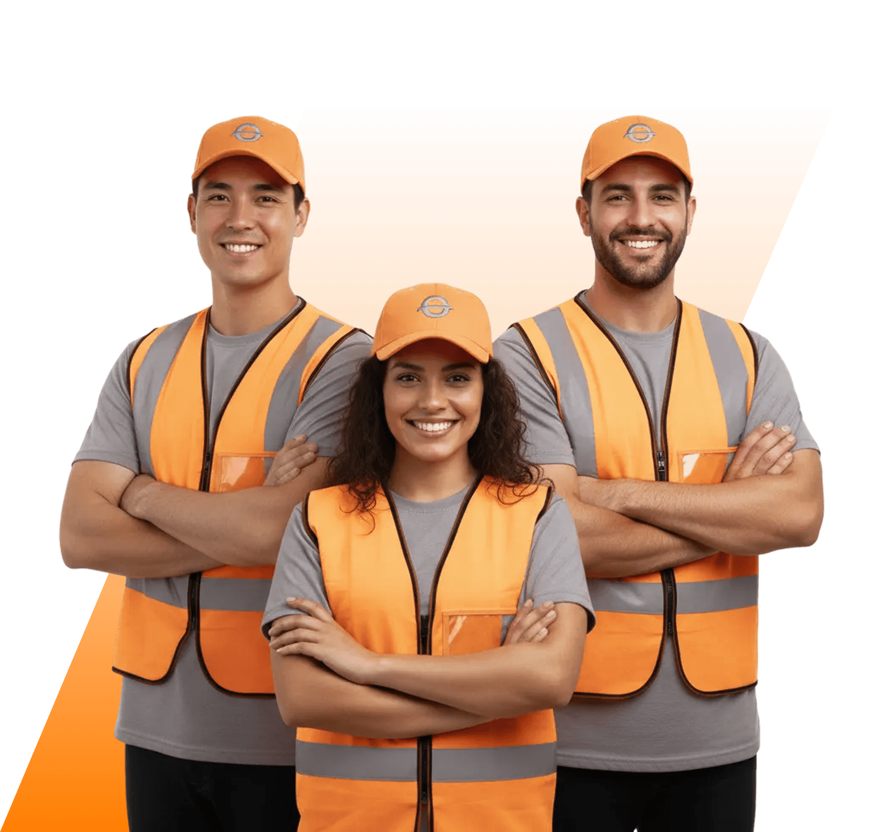 Homem e mulher, ambos com capacetes brancos e coletes de segurança (laranja e amarelo), sorrindo e com braços cruzados, segurando projetos. Representam profissionais de SSMA, engenharia ou supervisão de obras.