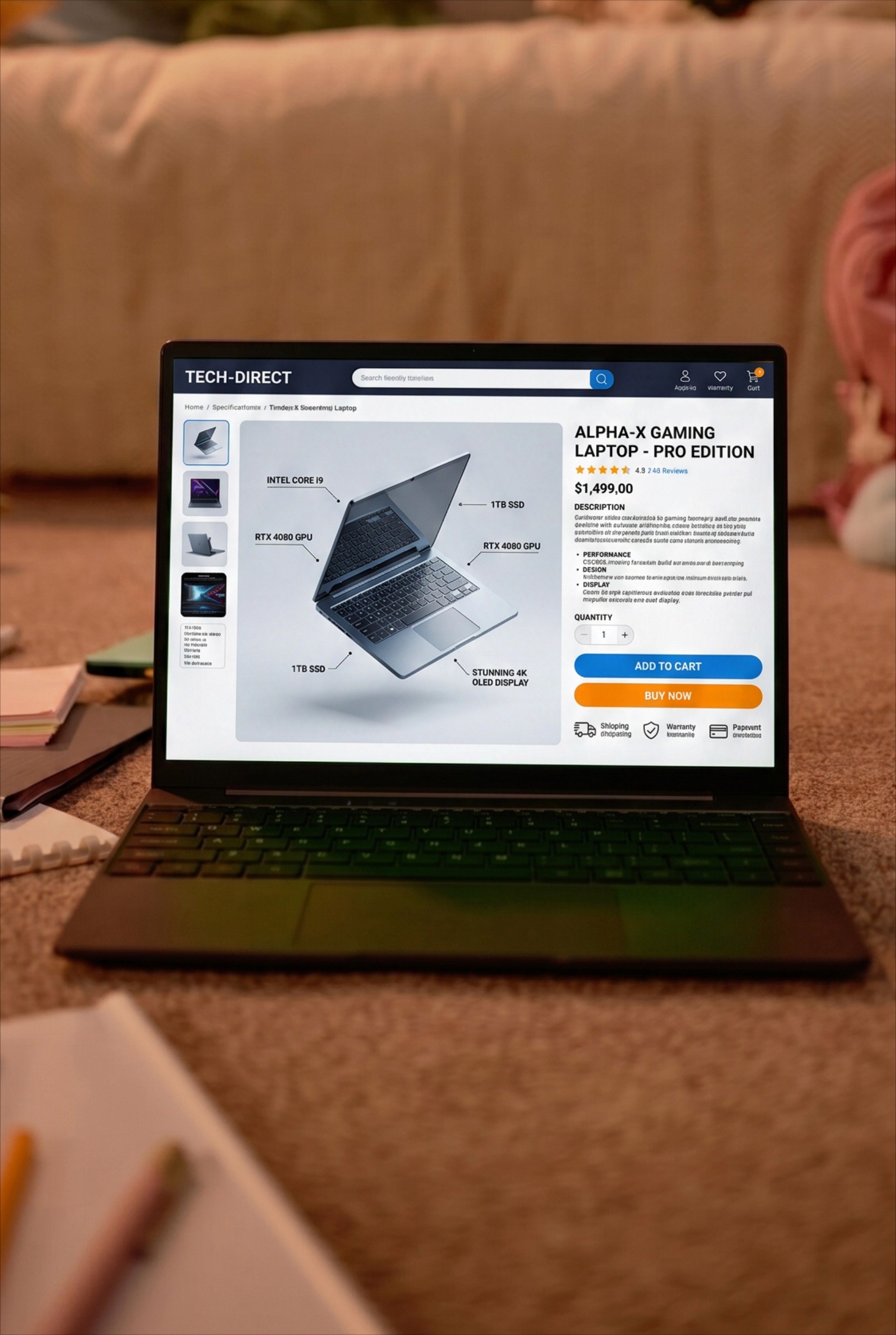 Gaming laptop e-commerce product page UI displayed on a laptop screen