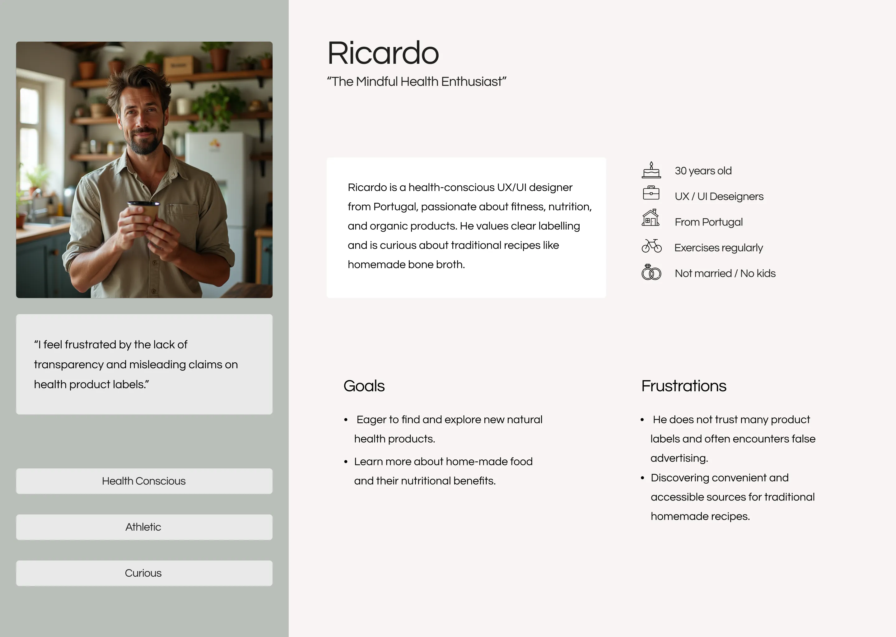 Persona card for Ricardo, a wellness-oriented shopper.