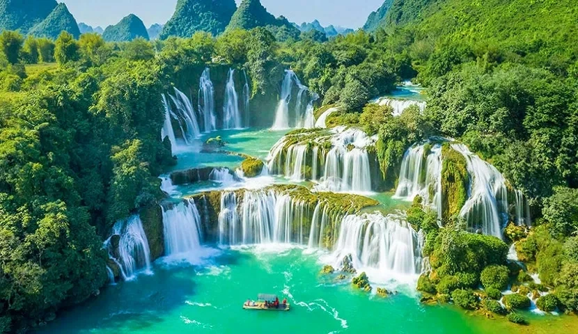 Scenic turquoise waterfall landscape