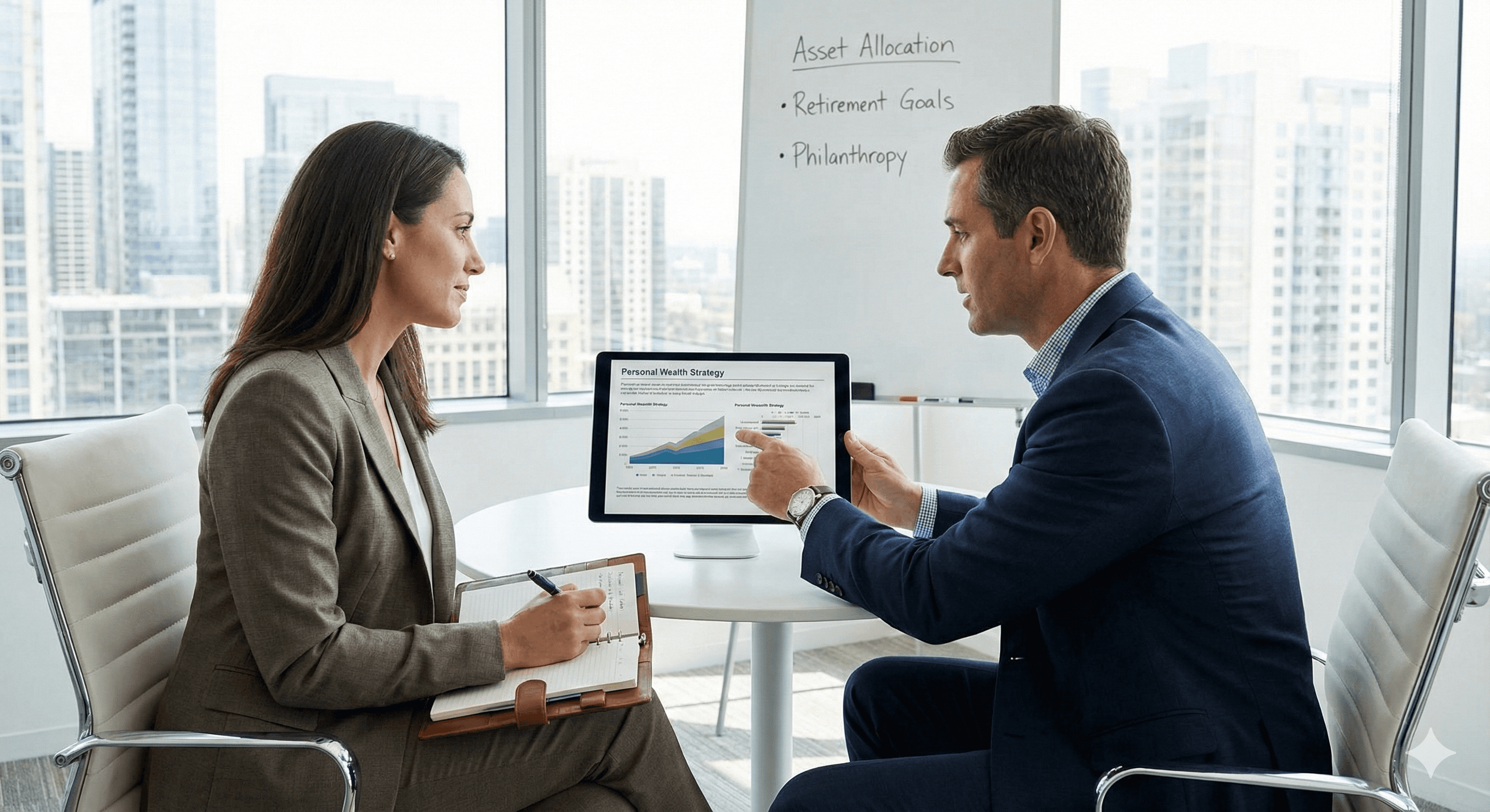 Executive financial coaching session focusing on personal wealth strategy.