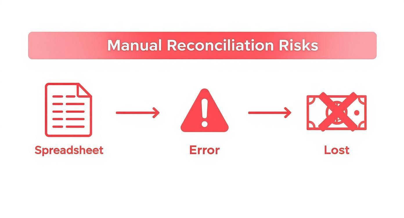 Infographic showing a process flow from a spreadsheet icon to an error icon, and finally to a dollar bill with an X icon, illustrating the risks of manual reconciliation.