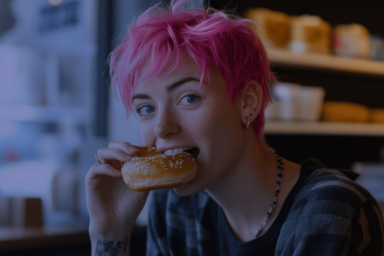 pink hair woman eating bagel