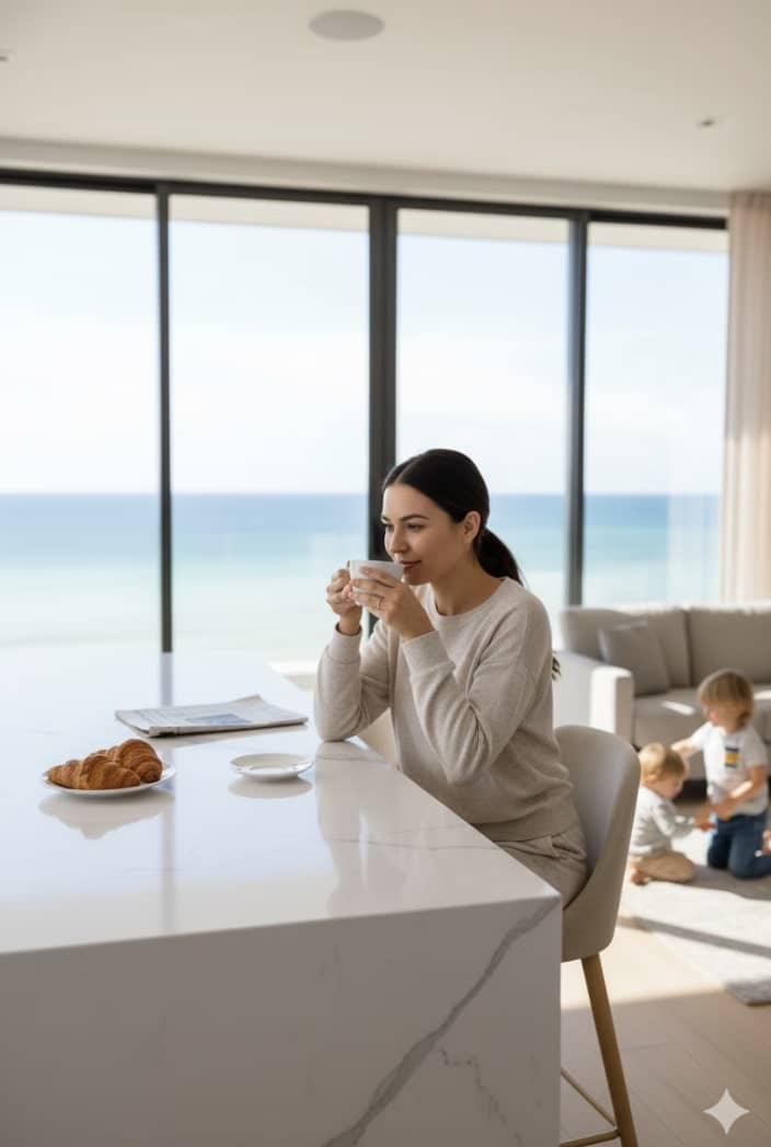 A relaxed woman enjoying morning coffee by the ocean after a Pacific Breeze Cleaners service in Coffs Harbour — spotless windows and a calm, bright home environment.