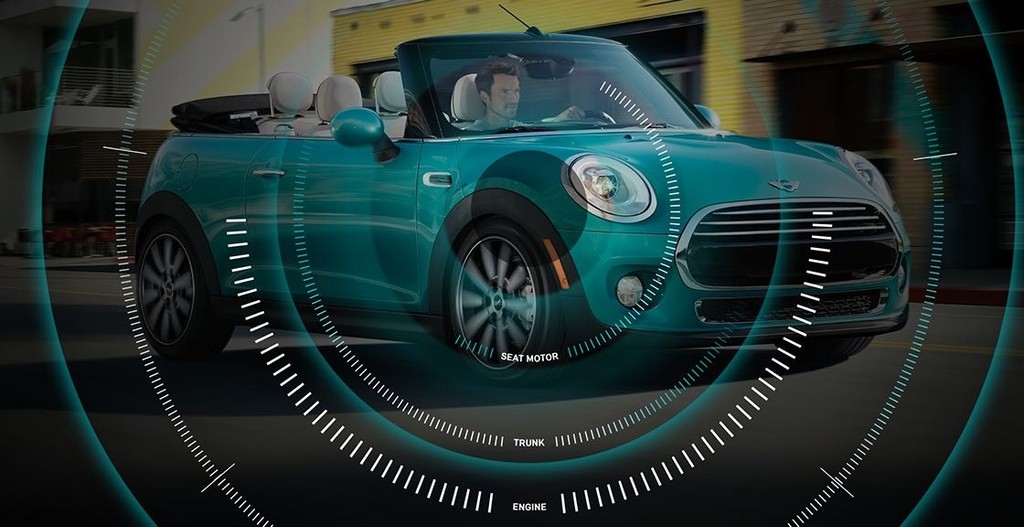 Audio visualization overlayed on a photo of a man driving a MINI Cooper