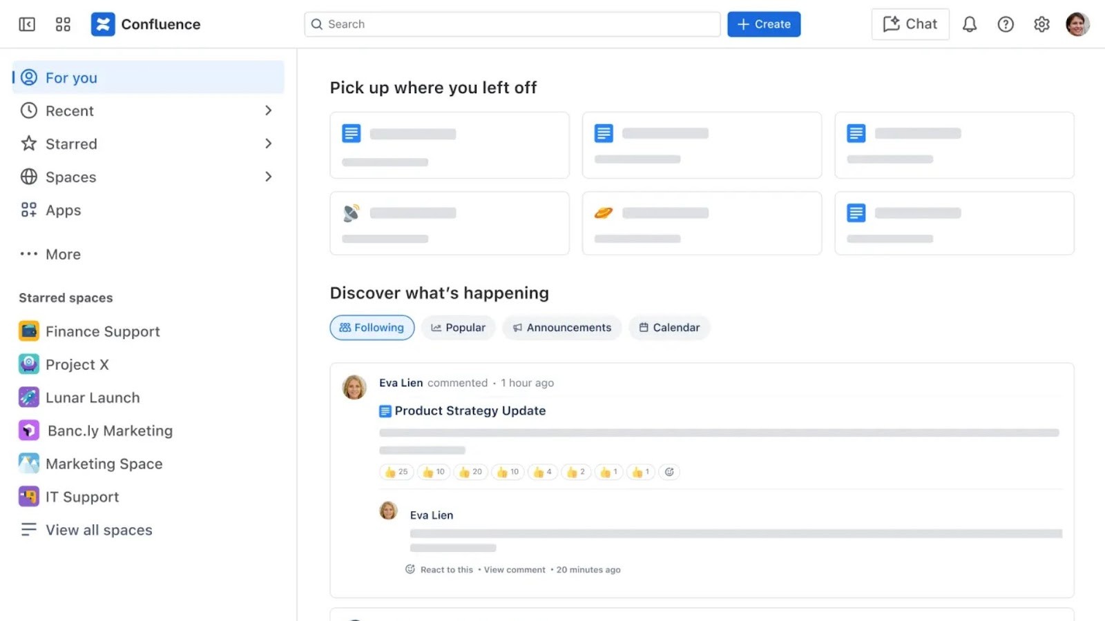 Confluence's project collaboration and knowledge management homepage