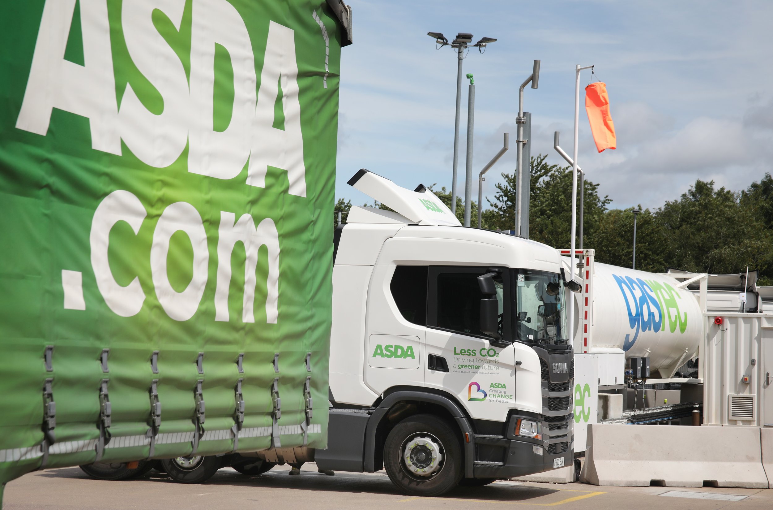 Asda bio-LNG refueling station for fleet trucks, supporting sustainable logistics.