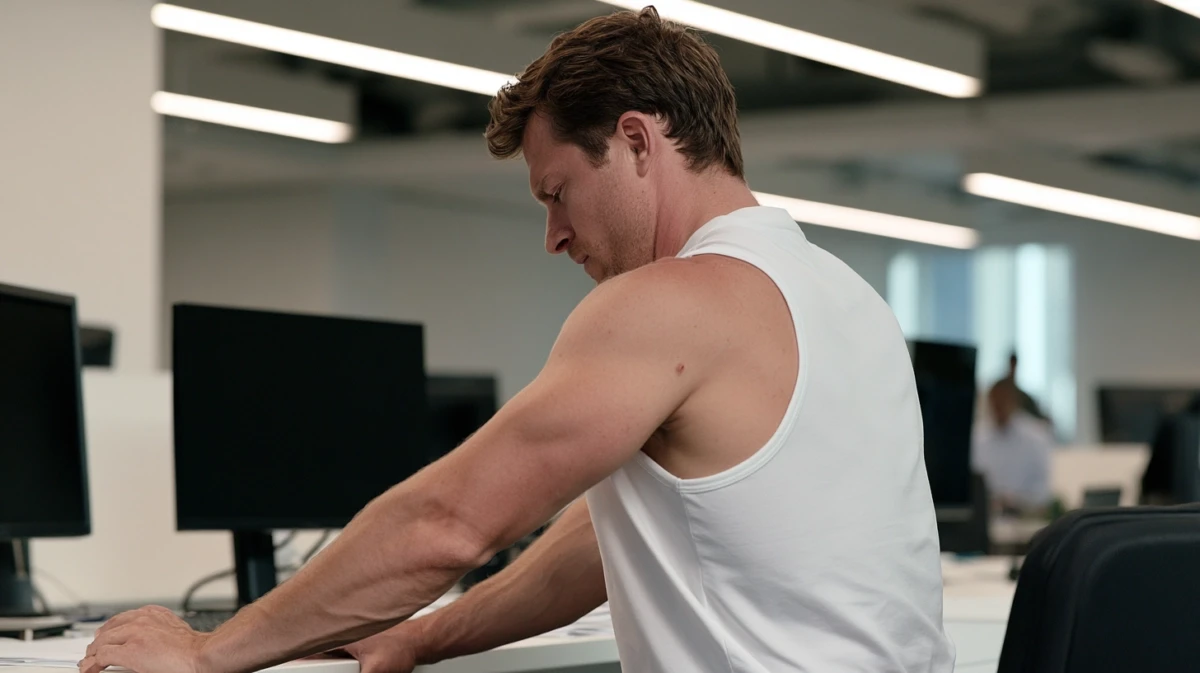 Close-up of tense upper back and shoulder muscles during work
