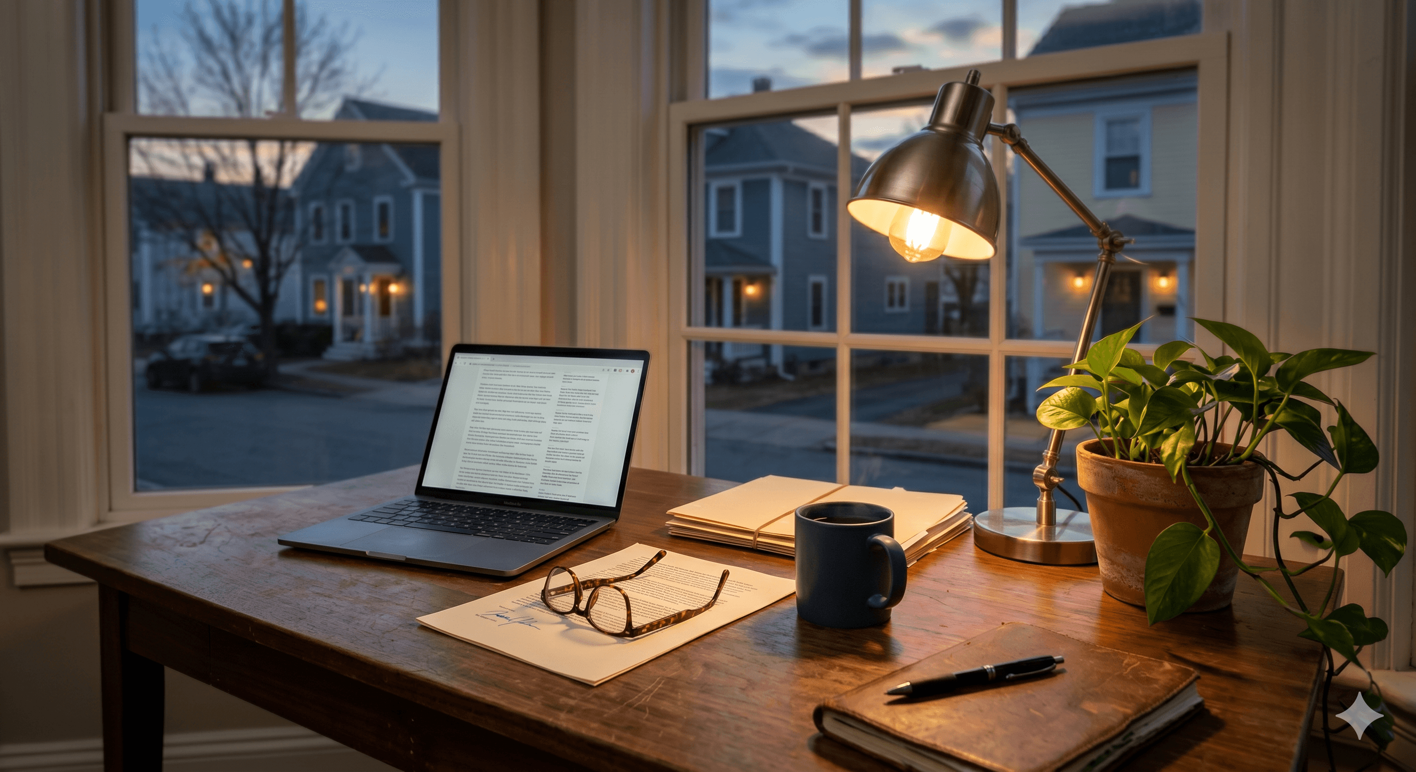 A lived-in walnut home office desk at dusk with a laptop showing a news article, a printed accommodation letter, tortoiseshell reading glasses, and a navy coffee mug under a warm desk lamp, a residential street visible through the window