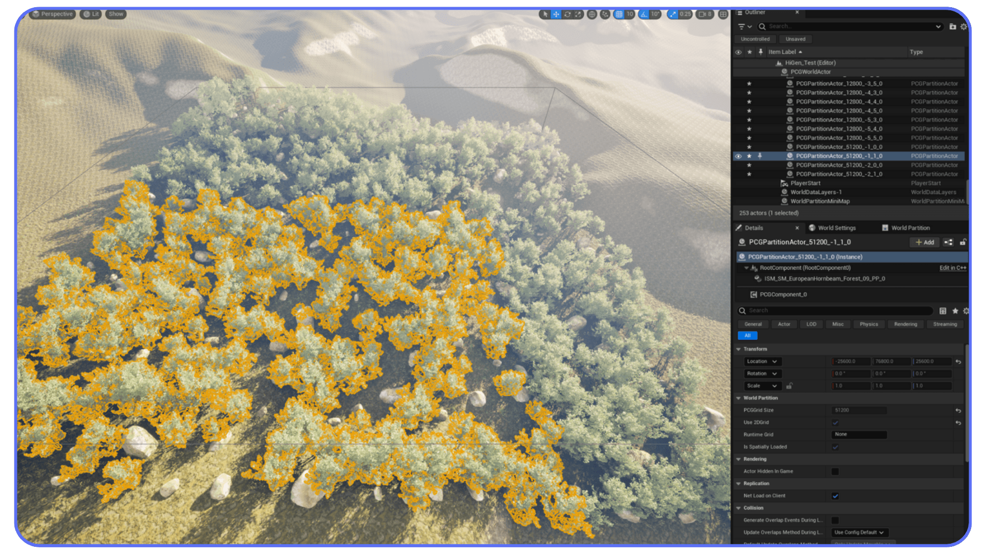 Unreal Engine 5.7 PCG workflow shown in the editor, with dense forest foliage visualized in yellow and the World Partition and PCG settings visible on the right panel.