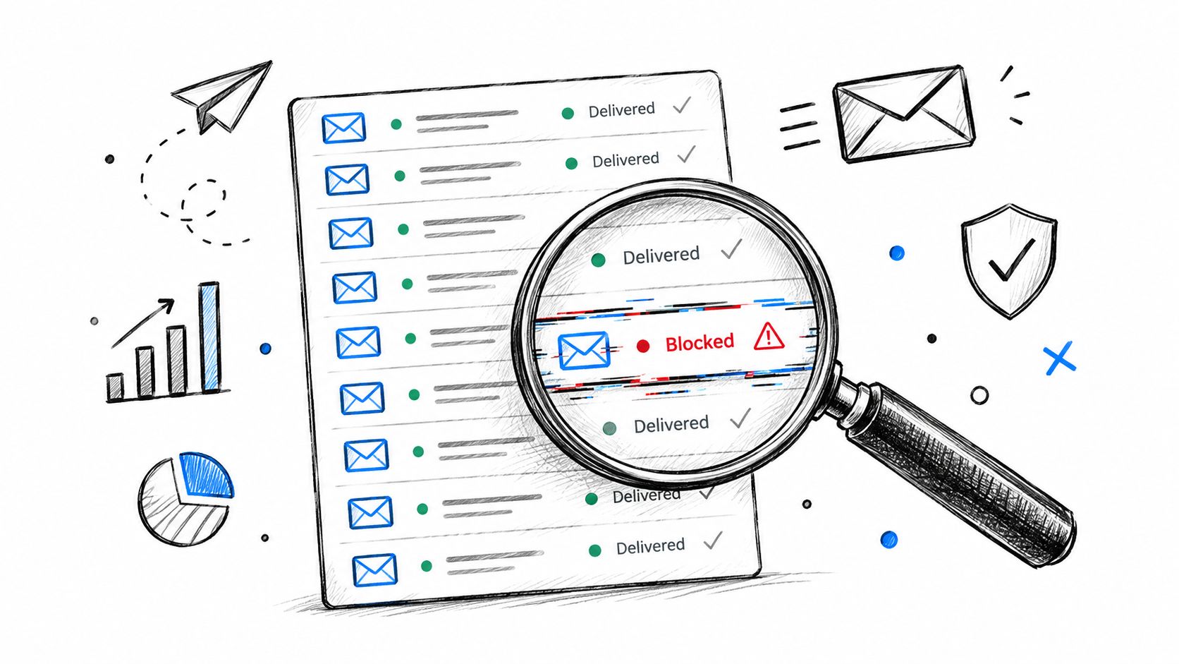 A hand-drawn illustration showing a magnifying glass focusing on a blocked email in a list of delivered messages.
