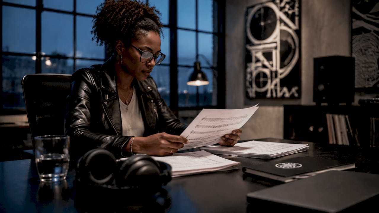 Music supervisor reviewing sync license paperwork
