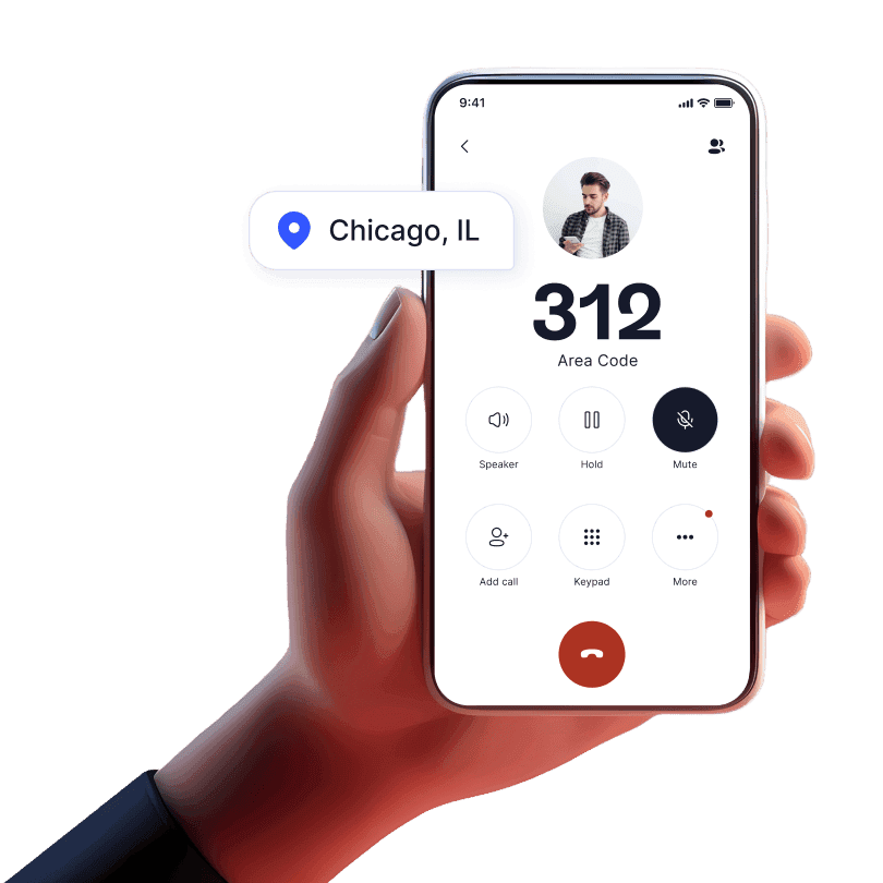 Hand holding mobile device with incoming call from 312 area code using LinkedPhone 2nd phone number mobile app