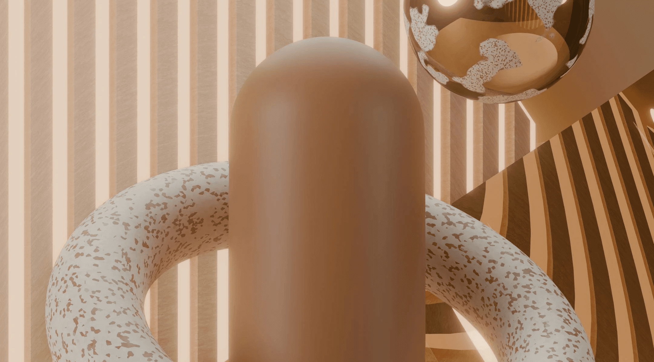 Abstract brown 3D shapes. Cylinder, torus, and geometric design.