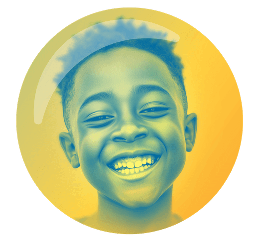 A young child with curly hair smiles warmly, presented in a circular frame with a yellow and blue gradient.