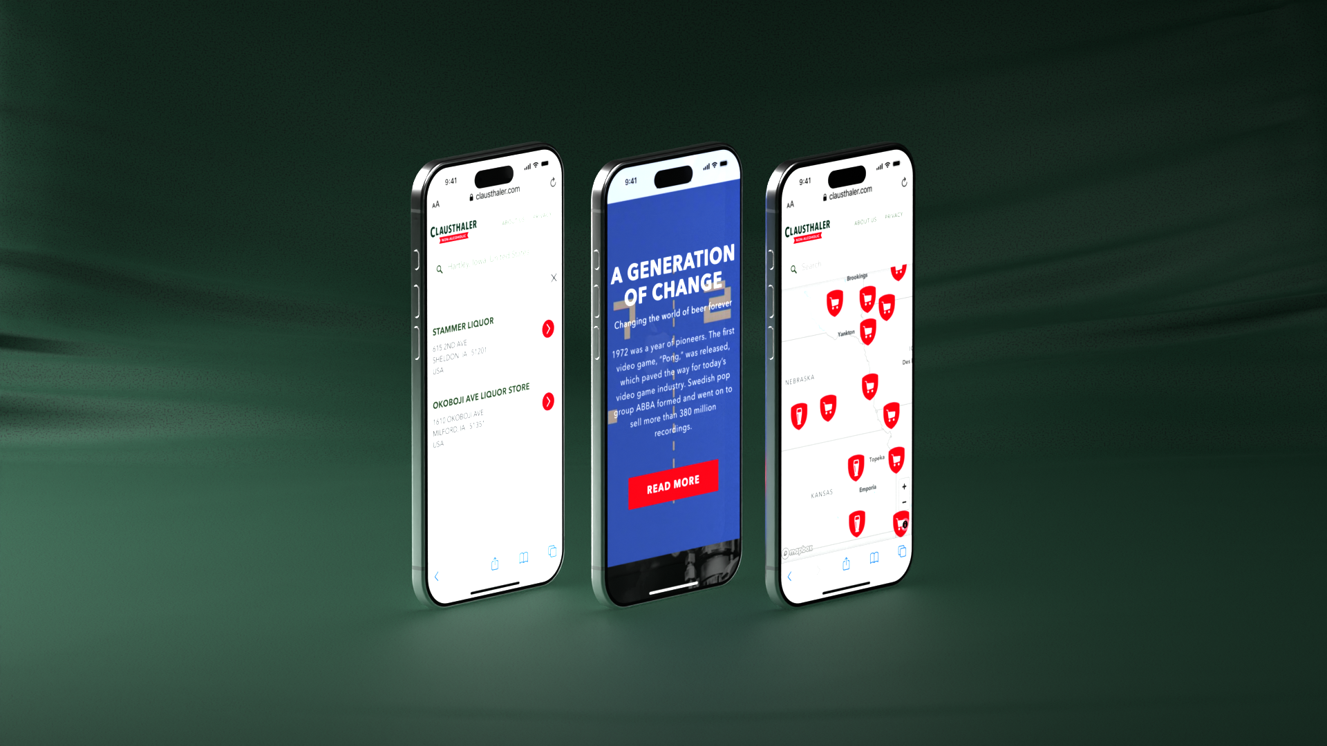 3 Handys, die verschiedene Seiten der Clausthaler-Website anzeigen.