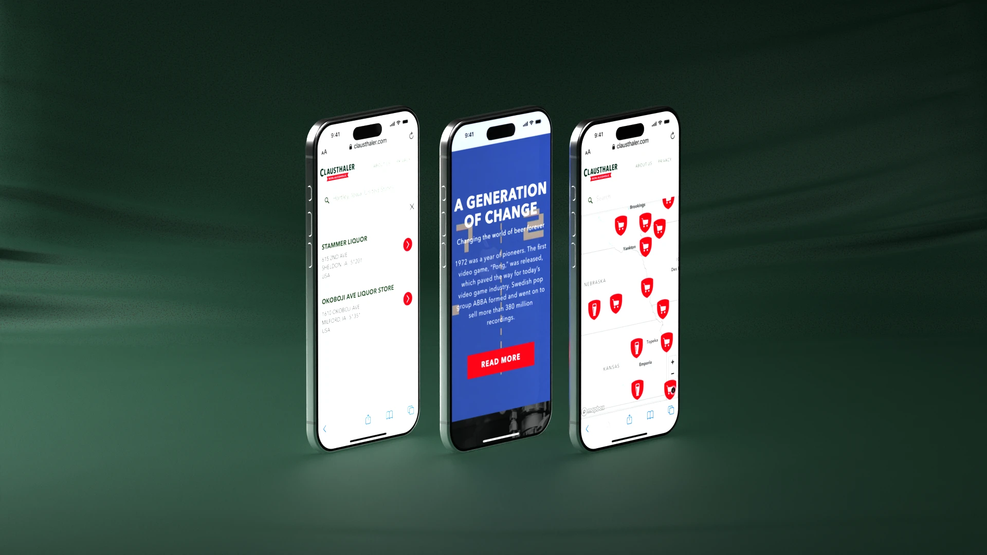 3 Handys, die verschiedene Seiten der Clausthaler-Website anzeigen.