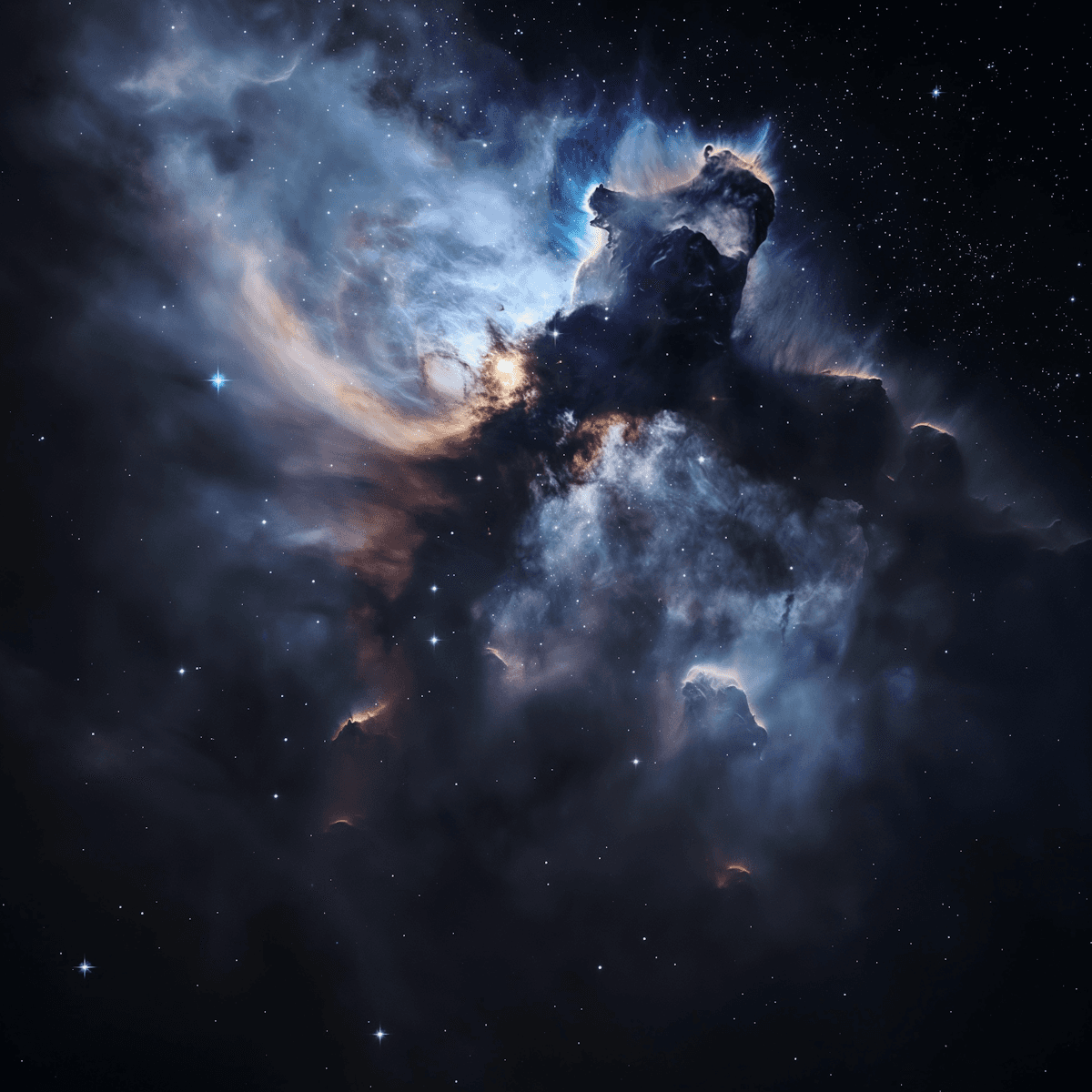 Deep space nebula with glowing blue and orange clouds, illustrating the future universe of AI and SaaS design ecosystems described in the Luna UI manifesto.