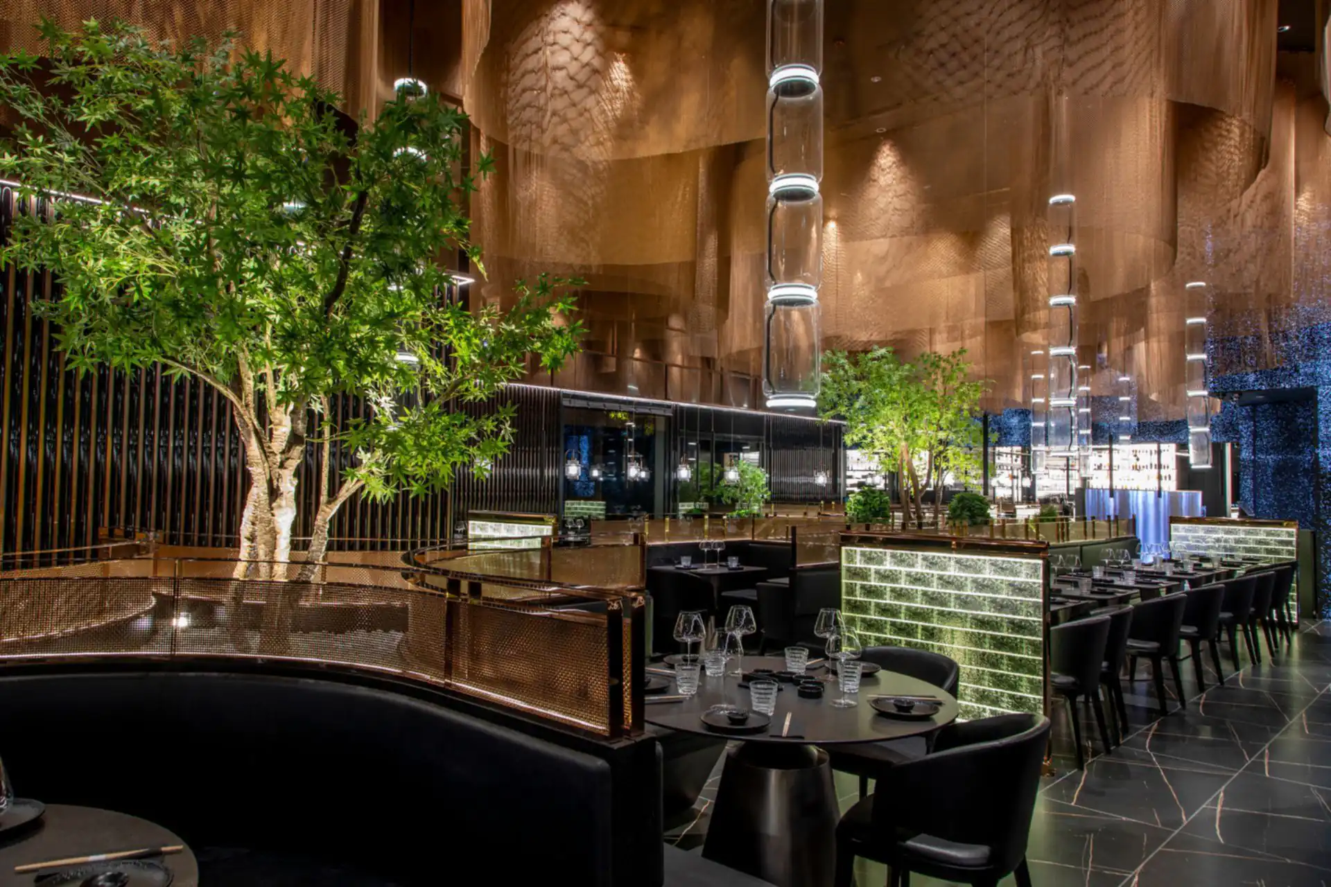 Salle de Sushi Club Serris : arbres éclairés sous un plafond de voiles de cuivre