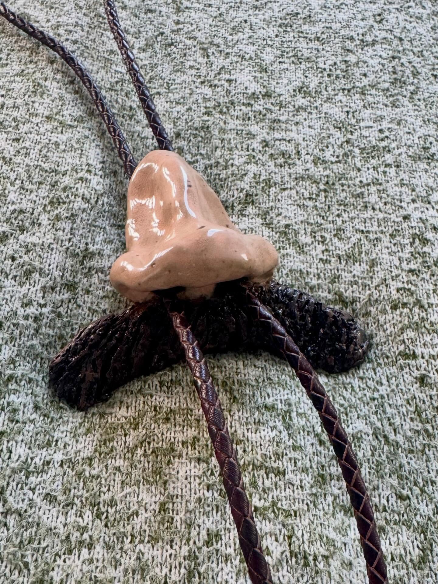 Close-up of a bolo with a sculpted tan nose above a textured black mustache, dark braided cords running through.