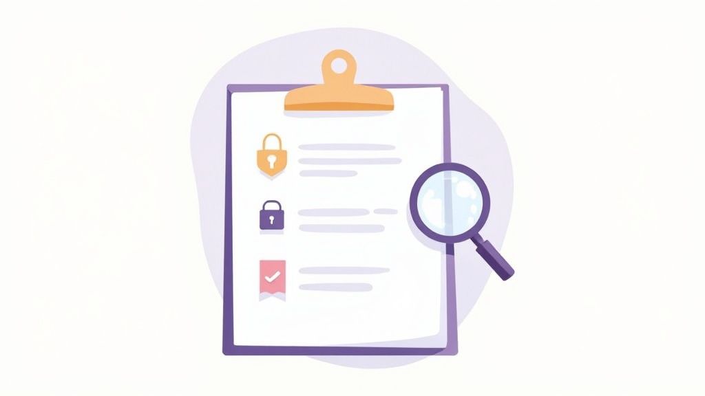 Clipboard with security checklist showing locked and unlocked items and magnifying glass for review