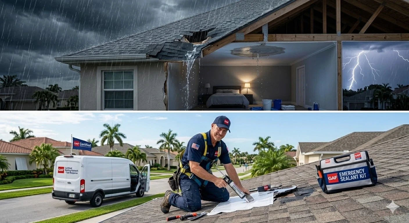 Roof leak repair South Florida — licensed Roofing Network technician locating and sealing active leak on residential shingle roof