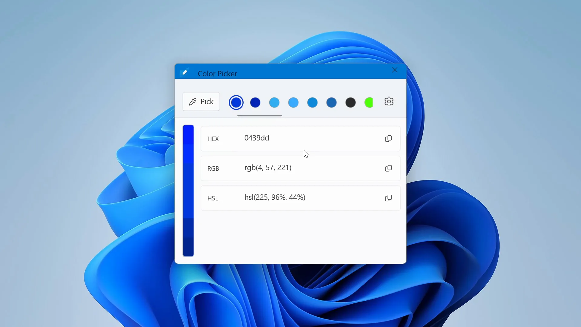 Color Picker showing a picked color's HEX and RGB values