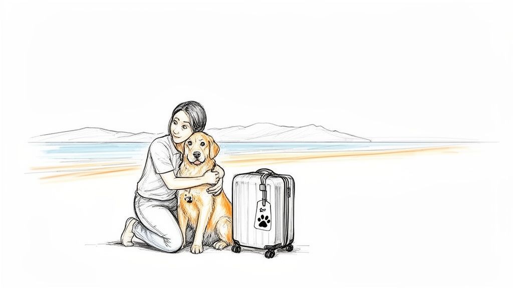 An illustration of a woman hugging her golden retriever on a beach next to a suitcase.