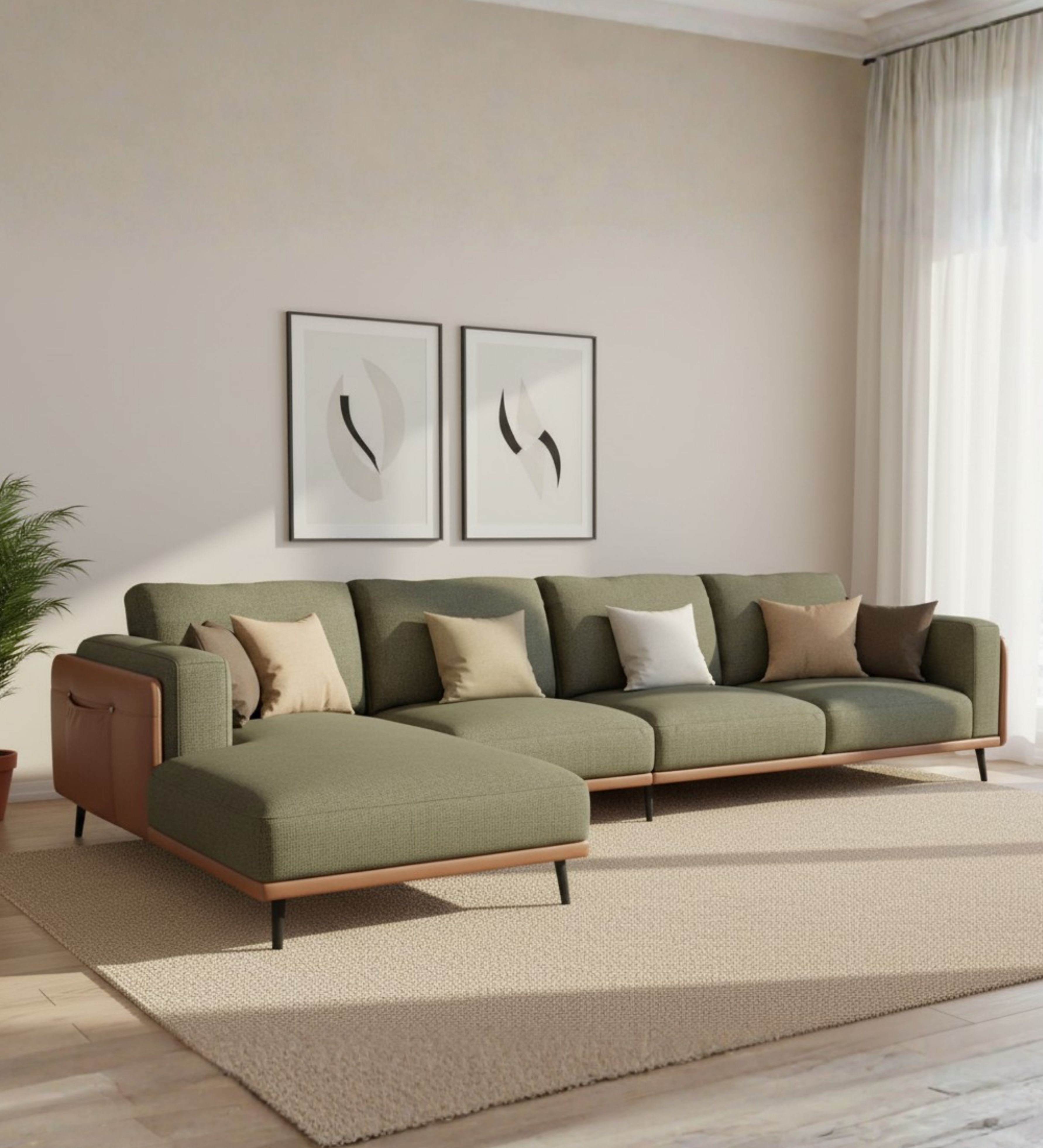 Soft green upholstered sofa with extended chaise and clean modern lines