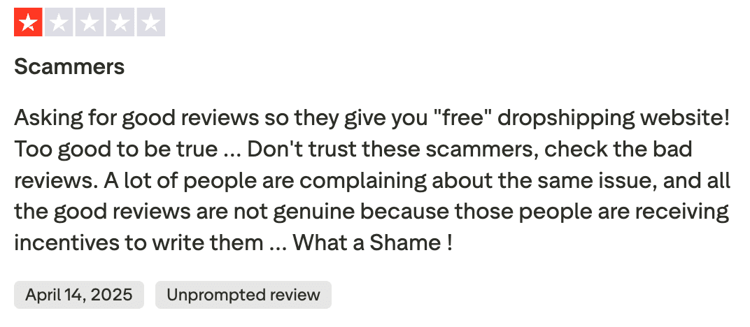 One-star Trustpilot review for Dropship.io alleging that the company incentivizes positive reviews with free offers