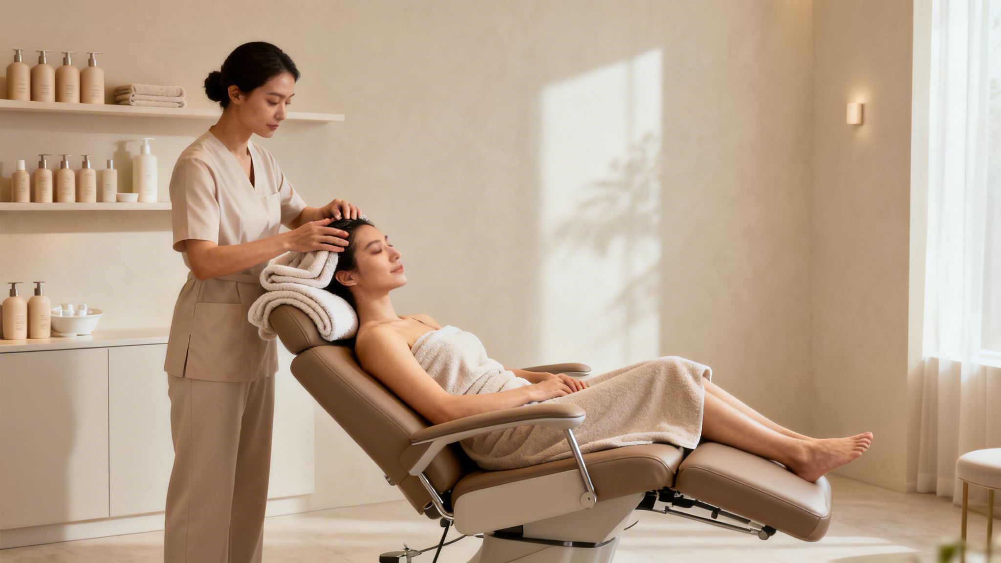 A woman enjoys a relaxing head massage from a therapist in a serene, bright spa room.