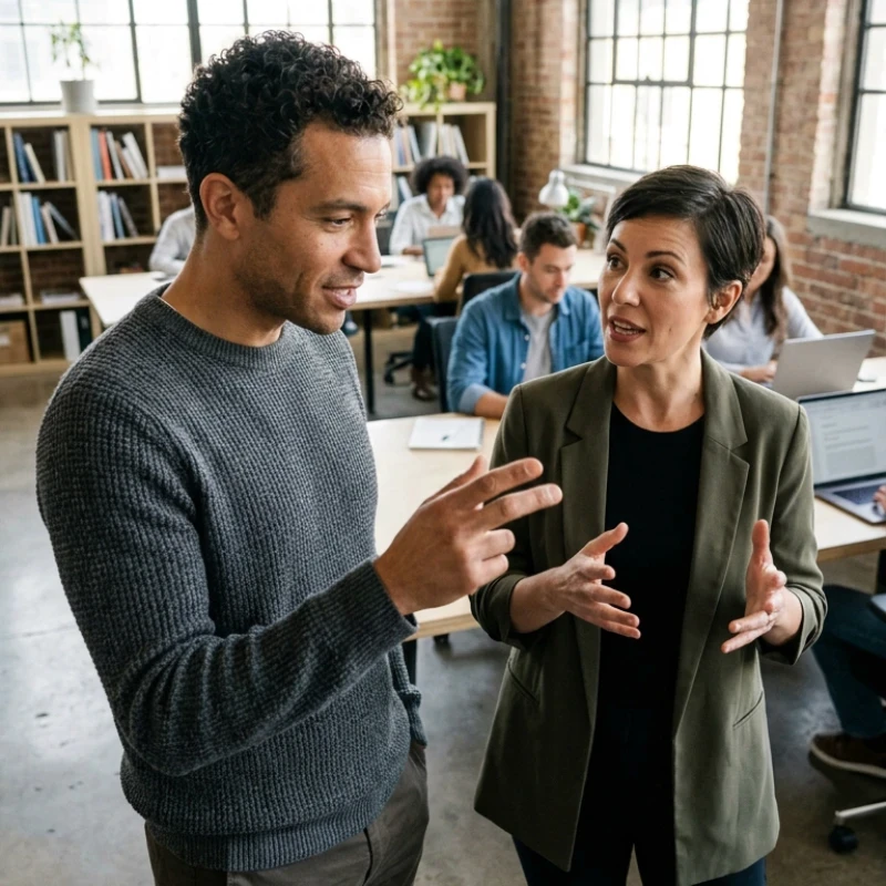 Équipe de managers et collaborateurs en agence, échangeant autour d'un plan d'action structuré et de documents de synthèse, illustrant notre expertise en Stratégie de comm 360° pour garantir une vision alignée et cohérente.