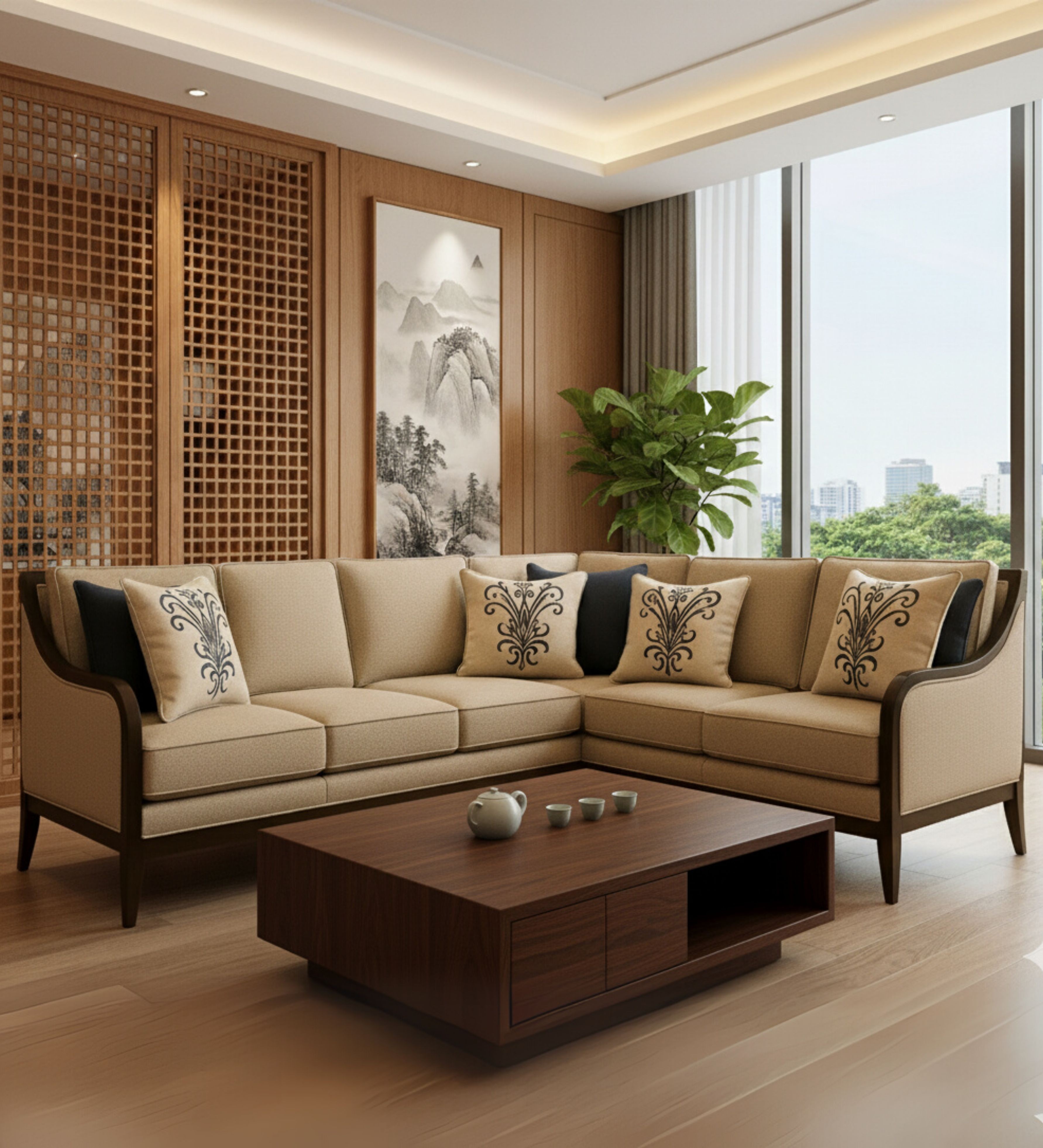 Classic upholstered sofa set with structured cushions and wooden detailing