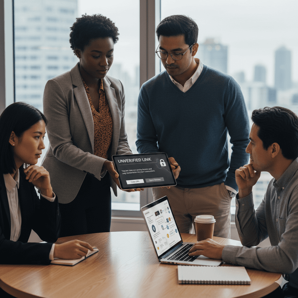 In a modern office setting, four professionals gather around a table as one holds a tablet displaying a warning about an "Unverified Link," emphasizing cybersecurity and AI agent link safety.