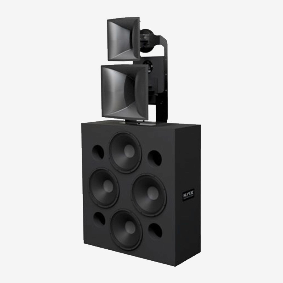 Black speaker system with multiple drivers and horn-loaded tweeters
