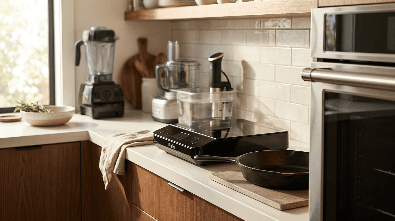 Cooking robot on countertop replacing blender and food processor, not oven or cast iron skillet