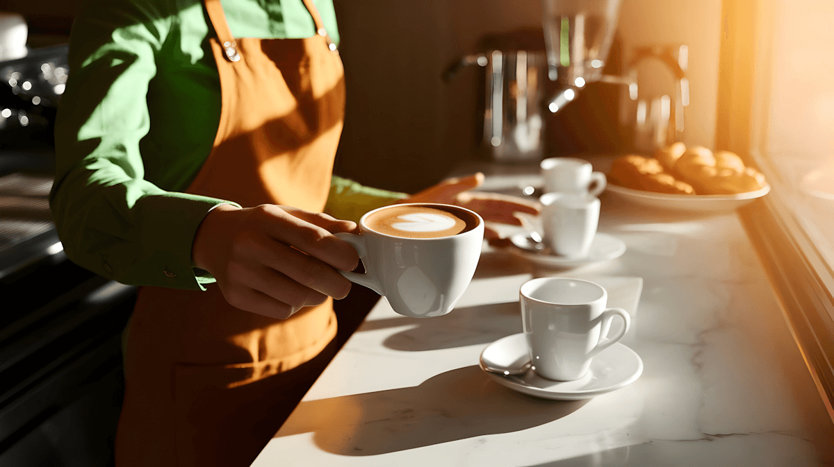 A barista in a green shirt and brown apron serves a cappuccino on a marble counter. Sunlight streams in, illuminating pastries in the background.