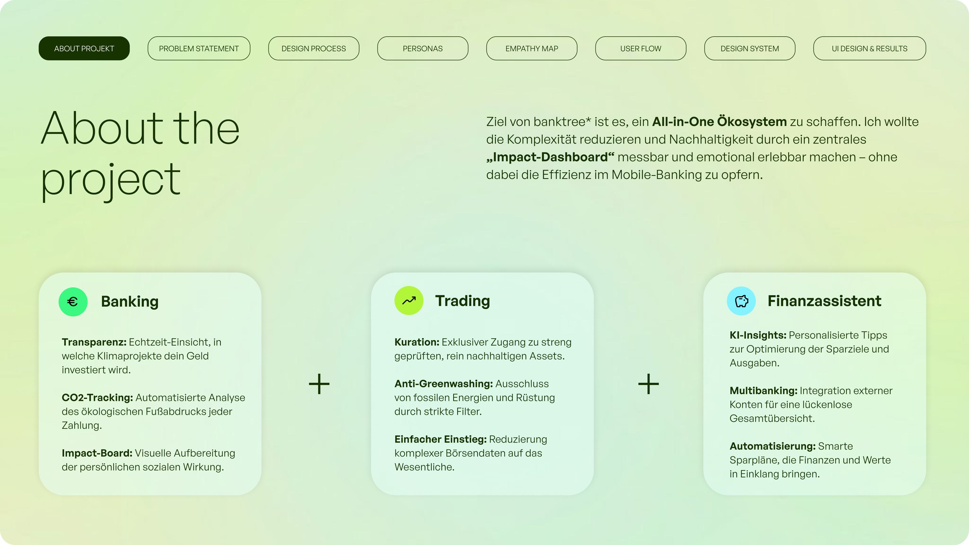 Eine Präsentationsfolie über das Projekt und die drei wichtigsten Segmente: Banking, Trading und den Finanzassistenten