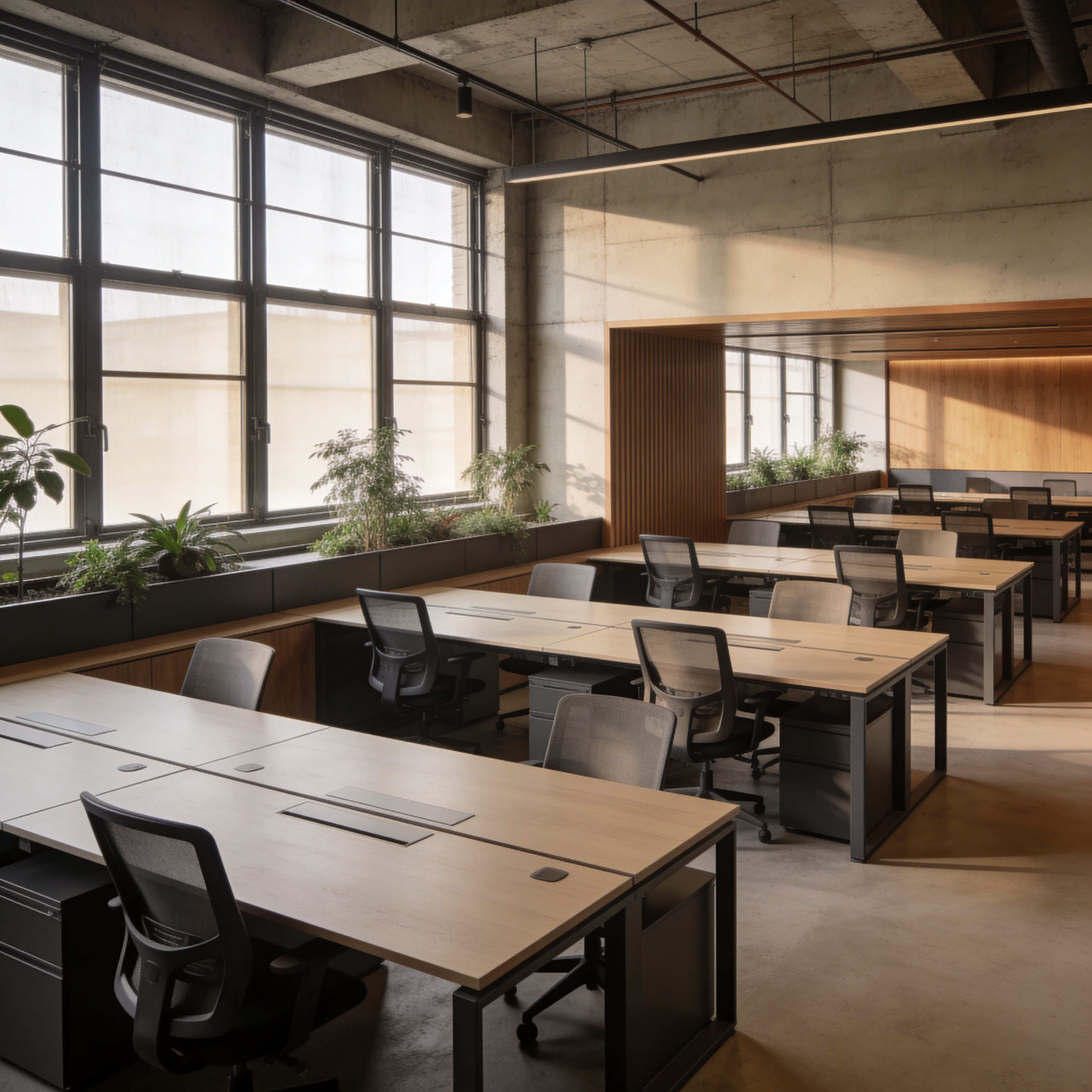Modern workspace office with wooden desks, ergonomic chairs, indoor plants, and natural window light
