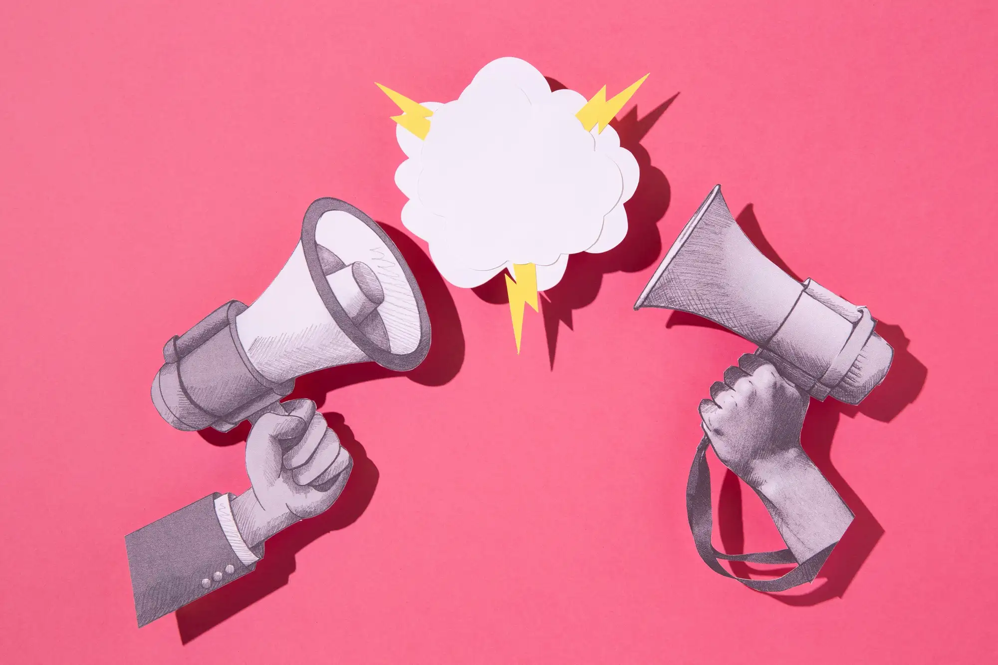 Two megaphones pointing at a central cloud, representing the strategic clash and announcements in a TikTok Shop campaign