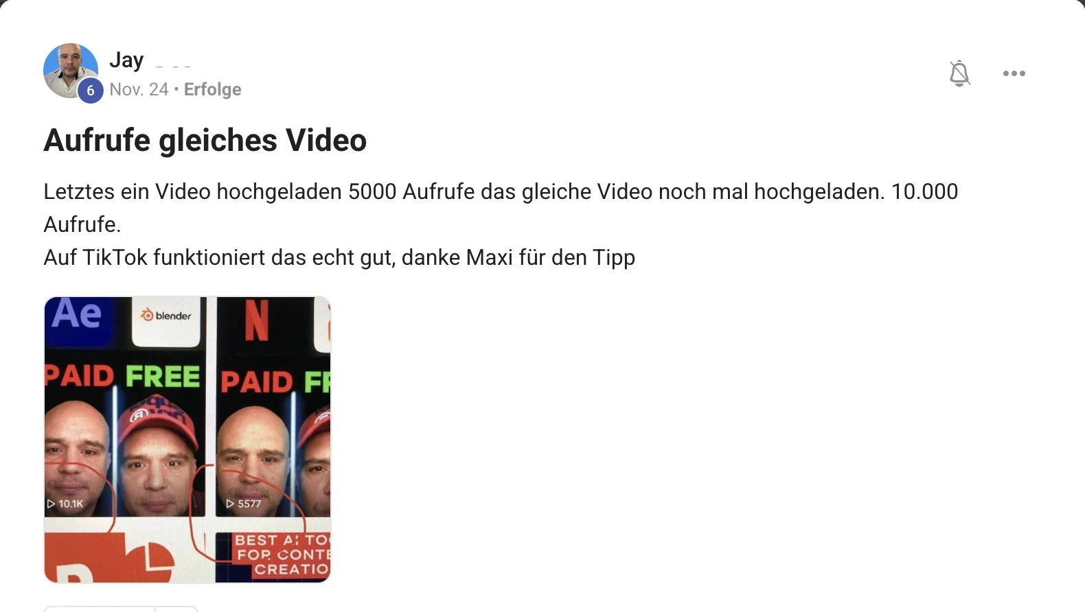 Erfahrungsbericht KI Creator Akademie: Jay verdoppelt seine TikTok-Aufrufe durch erneutes Hochladen