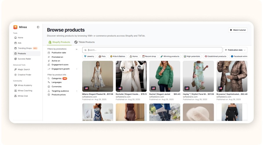 Minea “browse products”