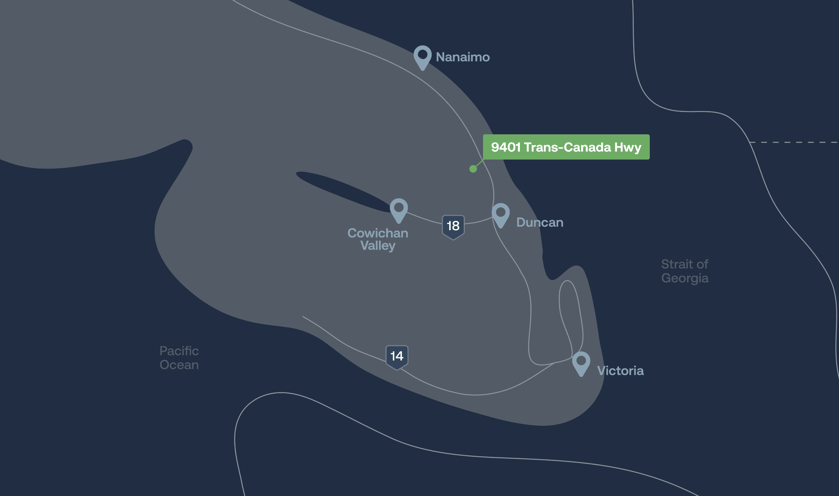 Map of southern Vancouver Island showing 9401 Trans-Canada Highway, Chemainus, between Nanaimo and Duncan