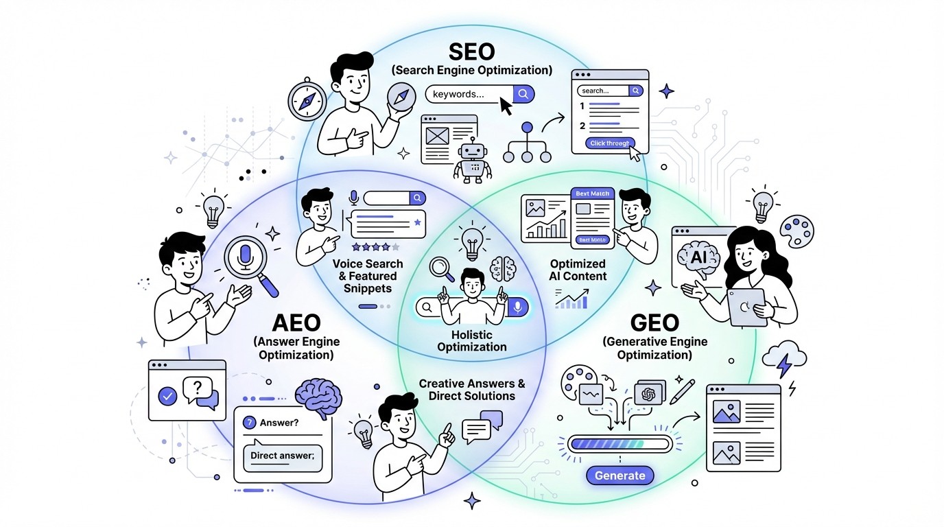 A modern tech-style Venn diagram comparing Answer Engine Optimization (AEO), Search Engine Optimization (SEO), and Generative Engine Optimization (GEO). Three overlapping circles or shapes are labeled AEO, SEO, and GEO, clearly showing their unique attributes and shared areas of overlap.