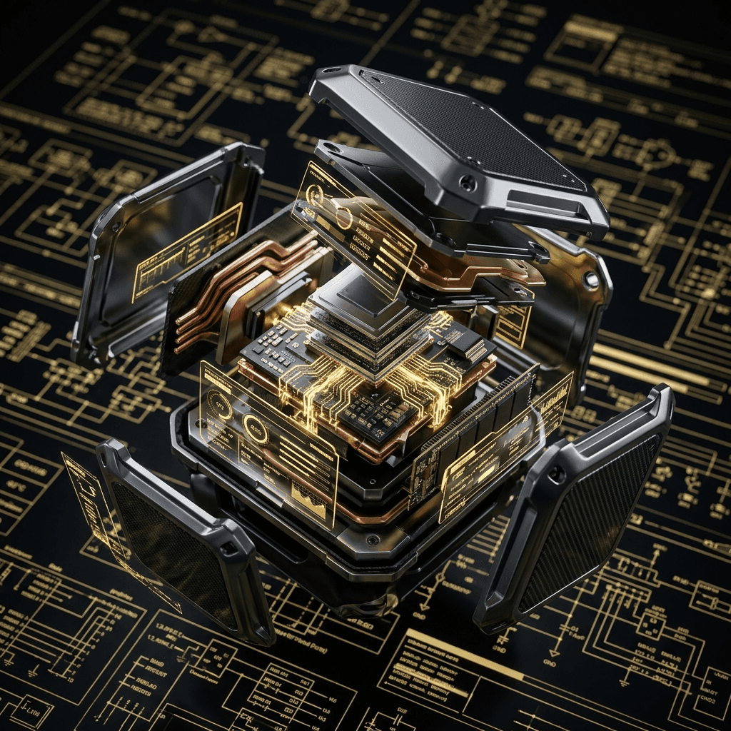 Dynamic, exploded-view close-up of the Aether Dynamics computing core. The modular dark metal and carbon fiber shell is separated into interlocking parts hovering mid-air.